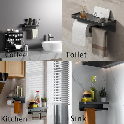 Double Toilet Paper Holder with Shelf, Commercial Toilet Paper Towel Holder Wall Mount, Tissue Roll Holder for Bathroom Kitchen RV, Double Tissue Roll Rack with Adhesive & Screw (Matte Black)