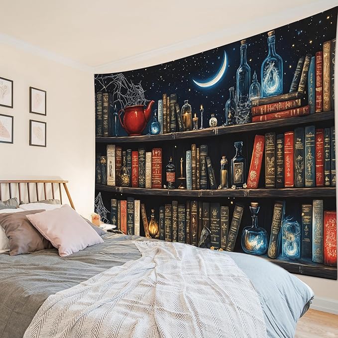 LB Fantasy Bookshelf Tapestry, Horror Spider and Vintage Book with Moon Wall Tapestry for Bedroom Aesthetic, Trippy Galaxy Wall Art for Living Room Dorm Home Decor Ready to Hanging, 59 x 51 Inches