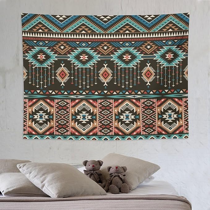 HZOHNAGO Aztec Tapestry Turquoise Blue and Brown and Native American Tribal Pattern Printed Wall Tapestry Wall Hanging for Bedroom Living Room Dorm 80" W x 60" H