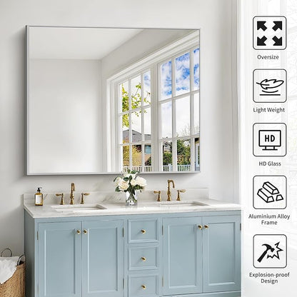 40x48inch Silver Bathroom Mirror, Silver Rectangle Mirror with Frame, Large Rectangular Wall Mirrors for Bathroom, Living Room, Hair Salon, Big Farmhouse Mirror Hang Horizontal/Vertical