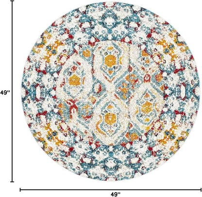 Unique Loom Rosso Collection Vintage, Geometric, Bohemian, Traditional, Distressed, Southwestern Area Rug, Round 4' 0" x 4' 0", Multi/Ivory