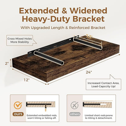 12 Inch Deep Floating Shelves, 24 x 12 Floating Shelf for Books, Rustic Wood Deep Wall Shelves for Home Storage & Display, 2" Thicked Shelves for Kitchen, Living Room, Bedroom, Rustic Brown, 1 Pack