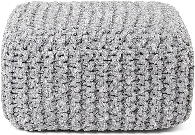 REDEARTH · Cube Low Pouf Foot Stool Ottoman - Hand Knitted Poof - Cord Boho Pouffe - Home Décor - Stuffed Footrest for Living Room - Nursery - Bedroom - Patio (16" x 16" x 8") - Light Gray