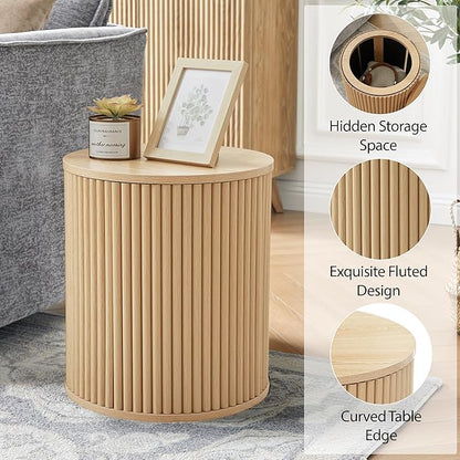 AVZEAR Small Round Side Table Fluted Night Stand Set of 2, Modern Boho End Table with Storage, Circle Bedside Tables Wood Nightstands for Small Spaces, Living Room, Bedroom (Nature)