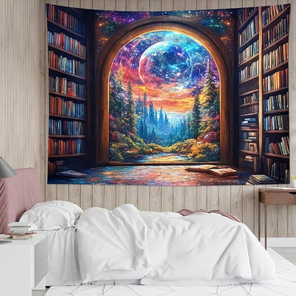 LB Fantasy Bookshelf Moon Tapestry, Trippy Tree and Vintage Library in Forest Wall Tapestry for Bedroom, Galaxy Cool Wall Art for Living Room Dorm Classroom Home Decor Ready to Hanging, 80 x 60 Inches