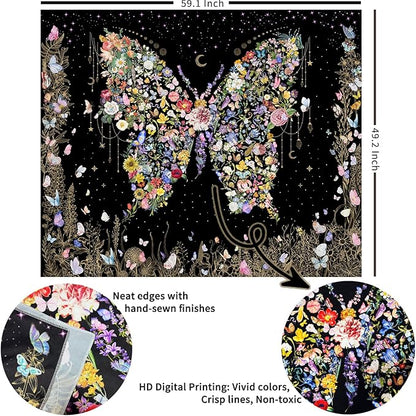 Damanse Butterfly Tapestry Wall Hanging Cute,Boho Wall Tapestry for Bedroom Aesthetic,Flower Living Room Decor for Teen Girls (Black, 49.20" x 59.10")