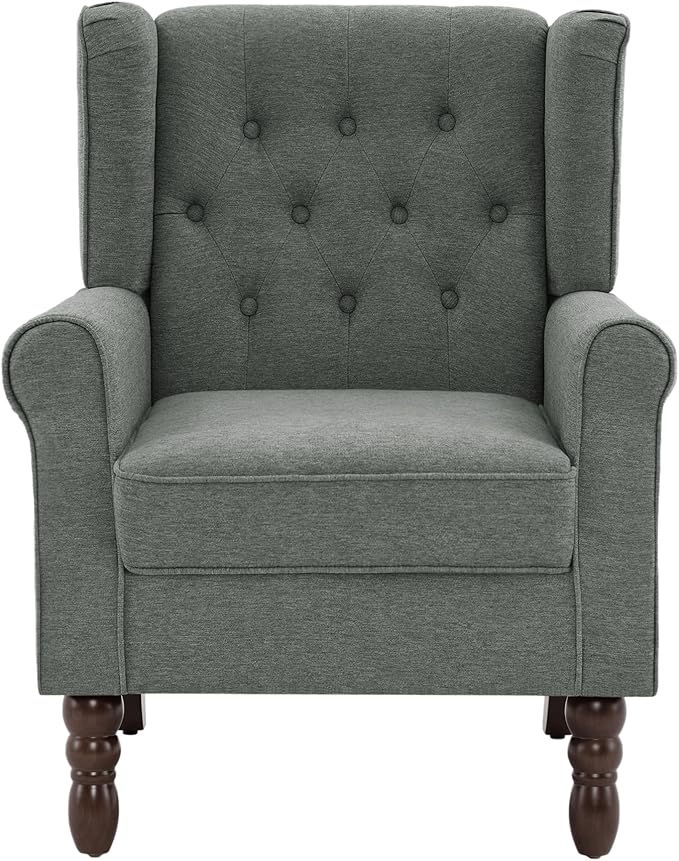 UIXE High Back Accent Chairs Set of 2, Upholstered Armchair in Fabric, Retro Wingback Arm Chair for Living Room, Comfy Single Sofa Bedroom Reading Seat with Solid Wood Legs - Dark Gray