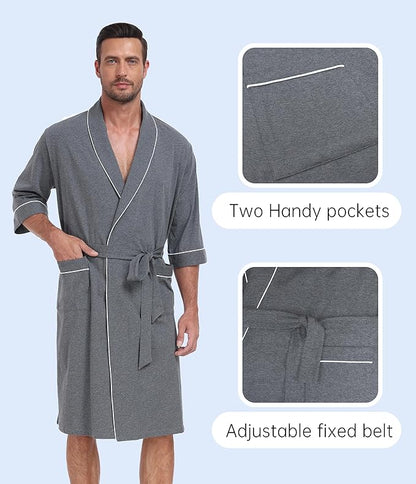 CF Men's Robe Cotton Bathrobe Soft Short Sleeve Bath Robes Shower Robe for Spa Soft Kimono Lightweight Sleepwear with Pockets