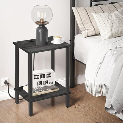 TUTOTAK End Table with Charging Station, Set of 2, Small Side Table, Nightstand Bedside Table, 2-Tier Storage Shelf for Small Space, Living Room, Bedroom Charcoal Grey TB01BY041