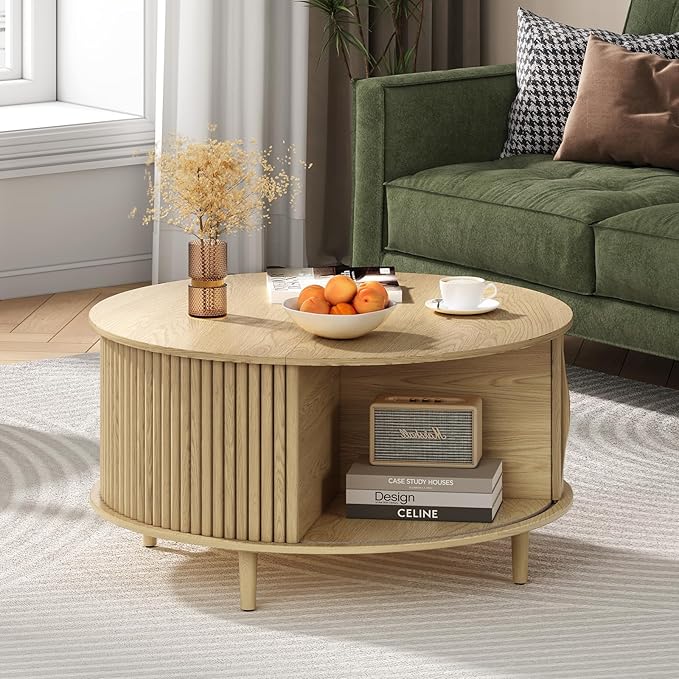 Round Coffee Table with Storage,Mid Century Modern Dining Table with Sliding Cabinet Door for Living Room,Home Small Space,31.5" Small Center Table,Oak