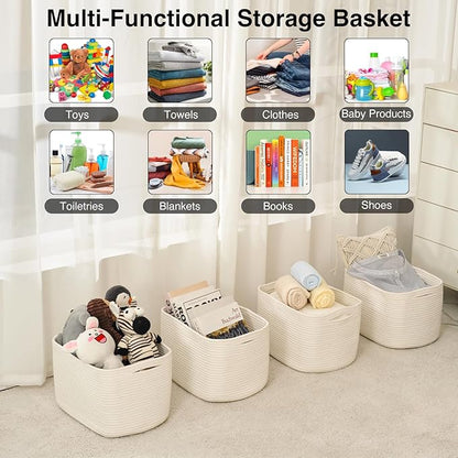 Storage Baskets for Organizing & Shelves, Woven Cotton Rope Organization Bins for Dog Toys, Clothes, Books, Nursery Organizer, 15" Lx11''Wx9.5''H, (4 Packs) Off White