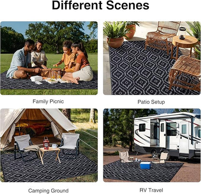 OLANLY Outdoor Rug 9x12 ft Waterproof, Outdoor Plastic Straw Rug with Geometric Pattern Clearance, Reversible RV Mat for Patio, Camping, Balcony, Deck, Backyard, Black & Grey