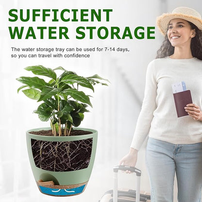 Plant Pots 12/10/9 Inch Self Watering Pots, Set of 3 Plastic Planters with Drainage Holes and Saucers,Plastic Flower Pots,Nursery Planting Pot for Indoor Out Door Plants(Green)