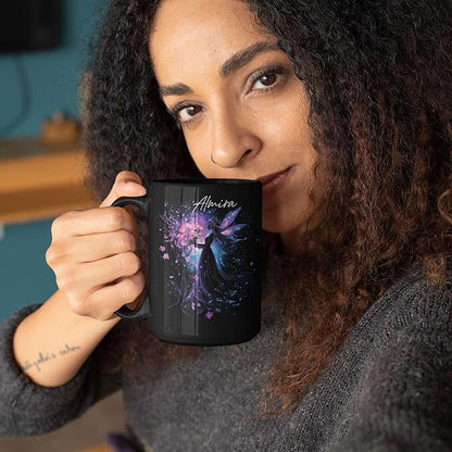 Personalized Beautiful Fairy Holding Flower Coffee Mug, Custom Name Ceramic Cup 11oz 15oz, Enchanted Fantasy Themed Mug, Custom Fairy Lovers Black Cup, Kids Mug, Elegant Fairy Mug