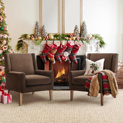 COLAMY Modern Wingback Living Room Chair Set of 2, Upholstered Fabric Accent Armchair, Single Sofa Chair with Lounge Seat and Wood Legs for Bedroom/Office/Reading Spaces, Brown
