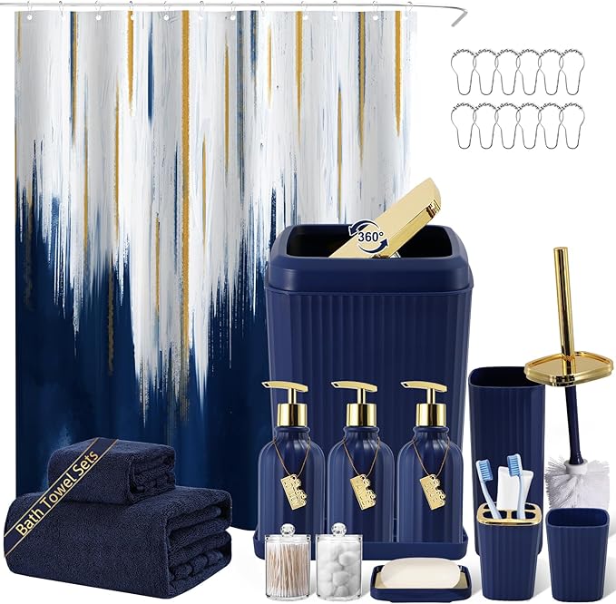 32PCS Bathroom Accessory Set Bathroom Accessories Set Navy Blue Bathroom Set, Shower Curtain Set, 2 Piece Bath Towel Set, 3PC Soap Dispenser, Toilet Brush & Trash Can