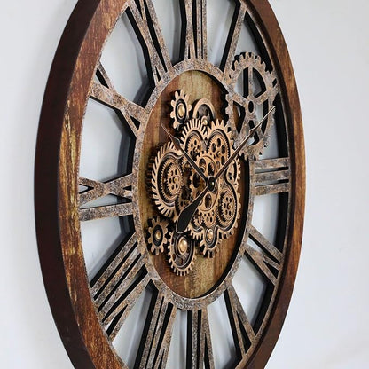 The Gears Clock 36'' Inch Real Moving Gear Wall Clock Vintage Industrial Oversized Rustic Farmhouse (Vintage Brown)