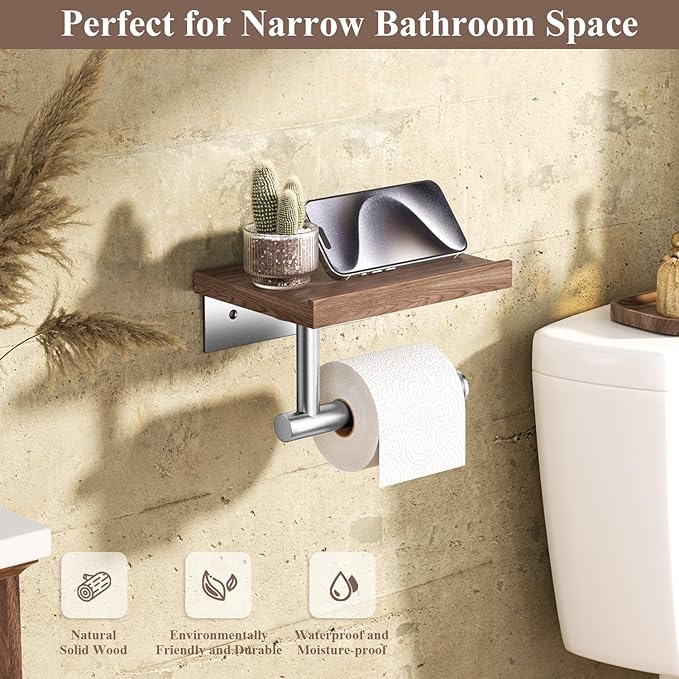 Tindbea Toilet Paper Holder with Wood Shelf, Wooden Wall Mount Tissue Paper Roll Holder, Brushed Nickel Stainless Steel Bathroom Accessories Decor Household Home Apartment Restroom Essentials (Walnut)