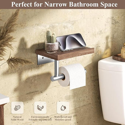 Tindbea Toilet Paper Holder with Wood Shelf, Wooden Wall Mount Tissue Paper Roll Holder, Brushed Nickel Stainless Steel Bathroom Accessories Decor Household Home Apartment Restroom Essentials (Walnut)
