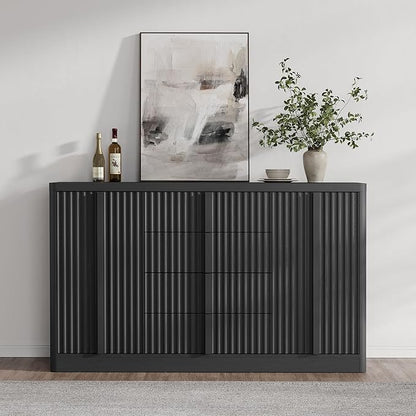 Buffet Cabinet with Storage, 60" Fluted Coffee Bar with 4 Drawers & 2 Doors, Modern Sideboard Buffet with Solid Wood Handle, Credenza Storage Cabinet for Living Room Kitchen Dining Room, Black(1PCS)