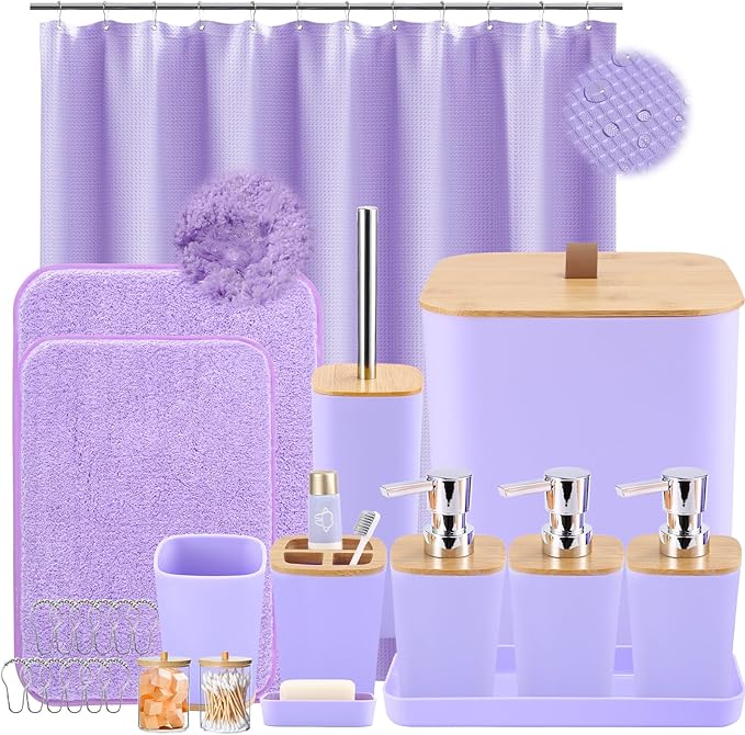 Bathroom Sets with Shower Curtain and Rugs, 27PCS Purple Bathroom Accessories Set with Trash Can, Purple Shower Curtain Set, No Slip Super Absorbent Bathroom Rugs