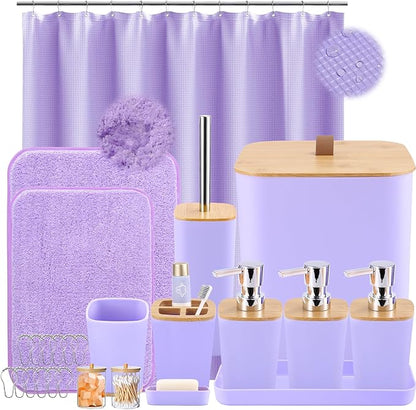 Bathroom Sets with Shower Curtain and Rugs, 27PCS Purple Bathroom Accessories Set with Trash Can, Purple Shower Curtain Set, No Slip Super Absorbent Bathroom Rugs