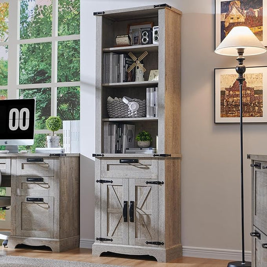 RedLemon Bookshelf with Storage Cabinet, 72" Tall Farmhouse Bookcase with Adjustable Shelves and Barn Door, 4 Tier Office Wood Bookshelf with Drawer for Office Library Living Room (Light Rustic Oak)