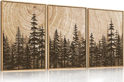 Pine Tree Framed Canvas Wall Art Set, Natural Woodland Landscape Wall Decor, Large Retro Forest Painting, Vintage Brown Artwork for Living Room, Bedroom, Kitchen, Study, Office - 16"x24"x3