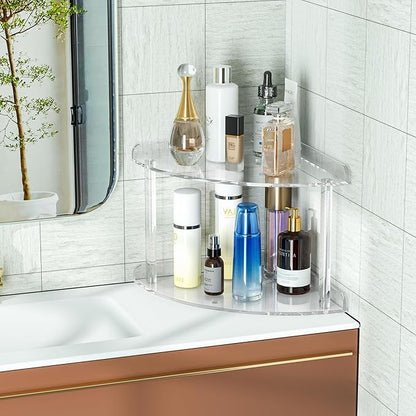 2 Tier Acrylic Corner Shelf Organizer Storage 9.5x9.5x8 Inch, Transparent Countertop Corner Shelf for Bathroom, Kitchen, Bedroom, Office, Study Room