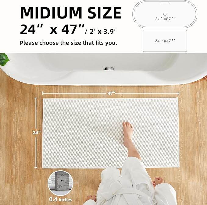 Bathroom Rugs Non Slip Washable, Super Absorbent Thin Bath Mat Quick Dry Low Pile Bathroom Rug, White 24"x47"