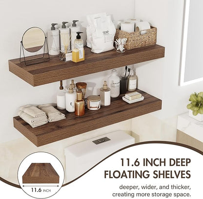72 Inch Floating Shelves, 12" Deep Floating Shelf Wall Mounted, 72" Wall Shelves, Rustic Deep Bookshelf, Extra Deeper & Thicker Display Shelves for Bedroom, Living Room, Walnut, Set of 1