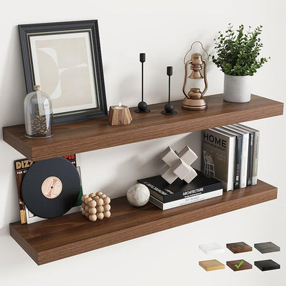 40 Inch Floating Shelves for Wall Set of 2, 8"D Wood Grain Bathroom Shelves with Invisible Brackets, Easy Install Engineered Wood Storage Shelves for Kitchen, Living Room, Bedroom, Walnut Finish