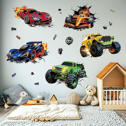 3D Racing Cars Wall Decals - Truck Bursting Through Wall, F1 Racing Cars Wall Stickers for Kids Room Boys Bedroom