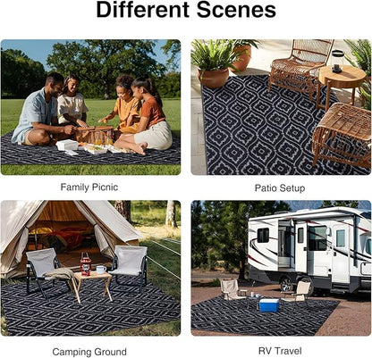 OLANLY Outdoor Rug 5x8 ft Waterproof, Outdoor Plastic Straw Rug with Geometric Pattern Clearance, Reversible RV Mat for Patio, Camping, Balcony, Deck, Backyard, Black & Beige