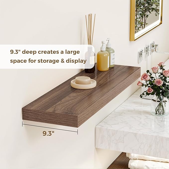 36 Inches Floating Shelves for Wall, 9.3" Deep Long Floating Shelves Set of 2, Large Display & Storage Shelf, Wall Shelf for Bathroom Bedroom Living Room Kitchen Office, Walnut