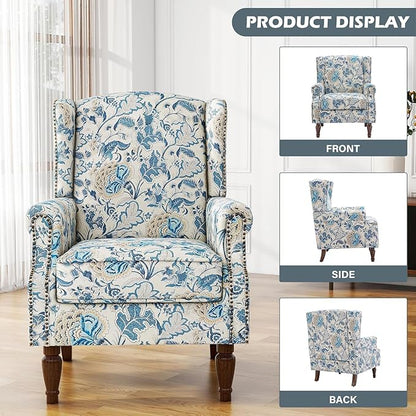 UIXE High Back Floral Accent Chair, Fabric Upholstered Armchair for Living Room, Retro Printed Wingback Arm Chair Nailhead Trim Single Sofa Bedroom Reading Seat - Boho Blue