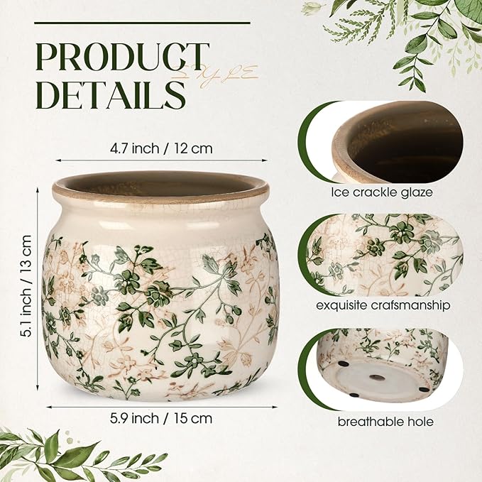 Vintage Planter Large Ceramic Plants Pot Green Pink Pastoral Floral Ice Crack Cottage Scroll Vase Flower Vase Pot Indoor Plants Home Kitchen Decor Farmhouse Antique Decorative Gifts