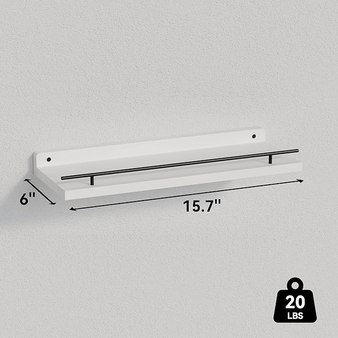 WOPITUES Floating Shelves with Black Metal Guardrail, Shelves for Wall Decor Set of 3, Wall Shelves for Bedroom, Bathroom, Kitchen, Living Room, Plants, Picture Frames, Art- Black and White