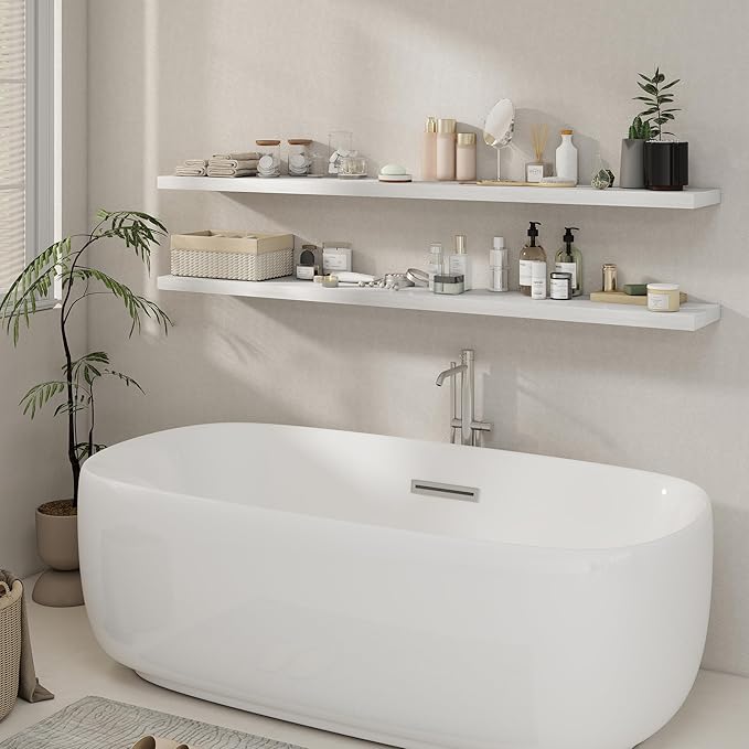 72 Inch Floating Shelves 2 Pack, 8 Inch Deep Floating Shelf Wall Mounted, Large Shelves with Invisible Bracket for Books|Storage, Rustic Wood Wall Shelf for Bedroom, Kitchen, Living Room, White