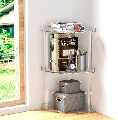 3 Tier Acrylic Corner Shelf Organizer Storage 9.5x9.5x15.7 Inch, Transparent Countertop Corner Shelf for Bathroom, Kitchen, Bedroom, Office, Study Room