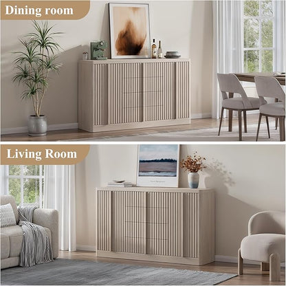 Buffet Cabinet with Storage, 60" Fluted Coffee Bar Cabinet with 4 Drawers & 2 Doors, Solid Wood Handle, Credenza Accent Storage Cabinet for Kitchen Living Dining Room, Natural Oak(1PCS)