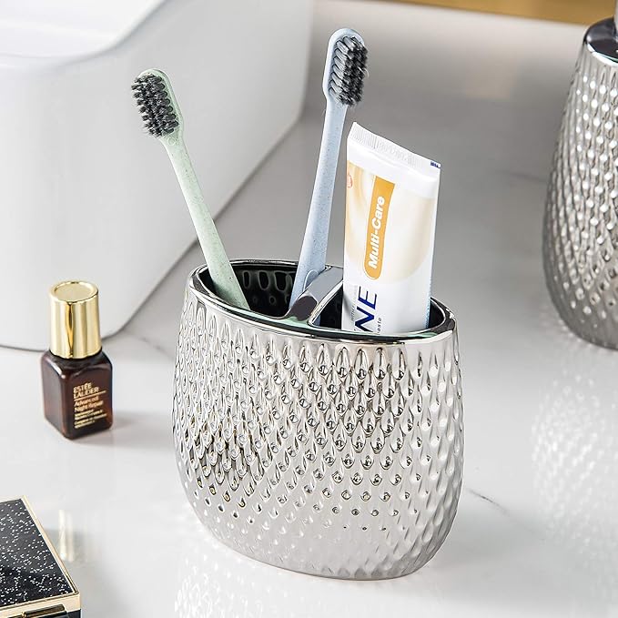 Silver Bathroom Accessory Set 4 Piece Ceramic Bath Accessories Sets Complete, Rain- Drop Shaped Bathroom Essential with Toothbrush Holder & Dish, Tumbler, Soap Dispenser Set for Bath Decor