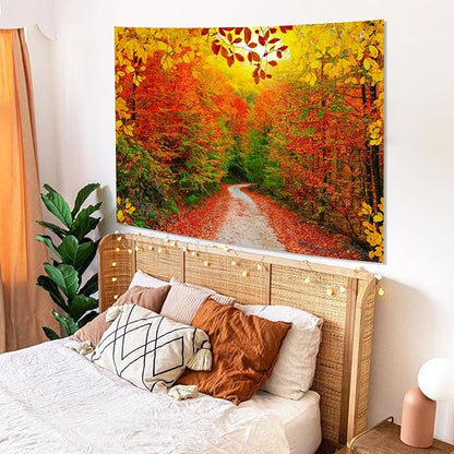 AMM Autumn Forest Tapestry Nature Fall Tree Thanksgiving Tapestry for Bedroom Aesthetic Autumn Path Yellow Red Fallen Leaves Landscape Tapestries Wall Hanging for Living Room Dorm 80 x 60 Inch