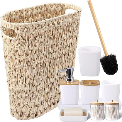 Bathroom Accessory Set with Wicker Trash Can, Beige Bathroom Accessories Set White Bathroom Sets Small Waste Basket Bathroom Trash Can for Bedroom Bathroom