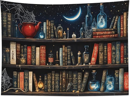 LB Fantasy Bookshelf Tapestry, Horror Spider and Vintage Book with Moon Wall Tapestry for Bedroom Aesthetic, Trippy Galaxy Wall Art for Living Room Dorm Home Decor Ready to Hanging, 59 x 51 Inches