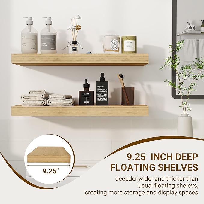 24 Inch Floating Shelves, 3D Textured Wood Grain, 24"x9.25"x1.5" Inch Deep Floating Shelves for Wall, Wooden Shelves for Bathroom, Bedroom, Living Room, Natural, 2 Pieces