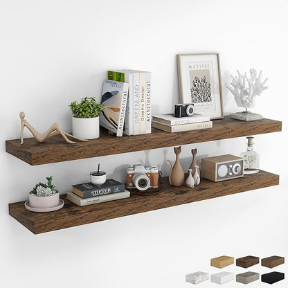 RICHFOCUS 55Inch Floating Shelves for Wall 2 Pack Shelves for Bedroom|Kitchen|Bathroom Wall Mounted Rustic Wood Floating Shelf with Invisible Brackets for Books|Storage|Decor, Rustic Brown