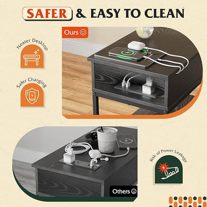 WLIVE Narrow Side Table with 2 USB Ports and 2 Outlets, Flip Top End Table with Drawer and Storage Shelves, End Stand with Charging Station for Living Room, Bedroom, Small Spaces,Black