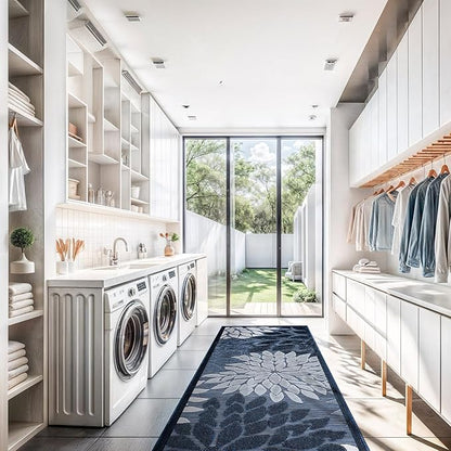 Beverly Rug Outdoor Runner Rug 2x7 Modern Floral Tropical Area Rugs for Indoor and Outdoor Patio Easy to Clean Non Shedding Living Room Porch Garden Washable Outside Carpet (2 x 7 Navy Blue)