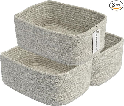 Small Woven Storage Baskets 13“X9”X5“ Decorative Rope Bins for Organizing Shelves, Closets, and Toys, Empty Gift Baskets, Cute Organizer Basket for Home and Office (grey, Large)